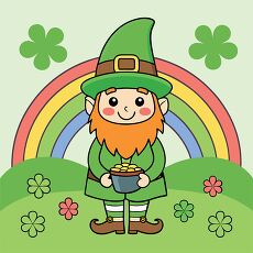 Leprechaun with Shamrock and Pot of Gold Under a Rainbow