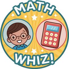 Math Whiz Badge with a Smiling Student and Calculator