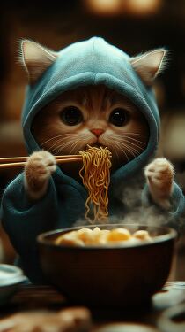 Adorable Cat Enjoying Noodles in a Cozy Setting