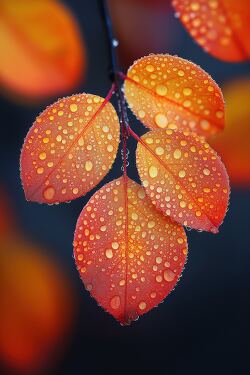 Autumn Leaves With Dew in Red and Orange Colors