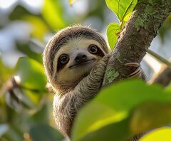 Baby Sloth Curiously Hanging in a Tree in Costa Rica