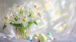 Beautiful Easter Decoration With Lilies and Colorful Eggs