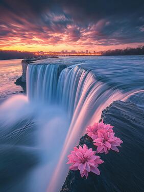 Beautiful Sunset Over Horseshoe Falls With Pink Flowers