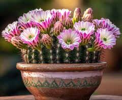 Blooming Cactus With Pink and White Flowers in Pot