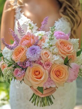 Bridal Bouquet With Pink and Peach Roses Under Sunlight