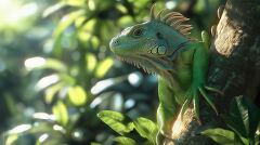 Bright Green Iguana Climbing a Tree in Lush Environment