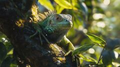 Bright Green Iguana Climbing a Tree in Sunlight