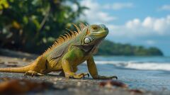 Bright Green Iguana Exploring the Coastline of Costa Rica