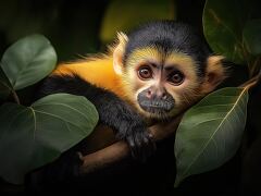 Capuchin Monkey Resting Among Lush Green Leaves