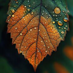 Close up View of Orange Leaf With Dew