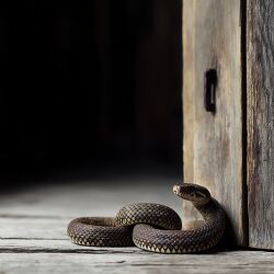 Coiled Snake Pauses by an Old Wooden Door in Dim Light