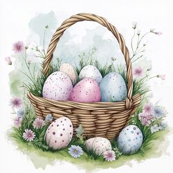 Colorful Easter Eggs Arranged in a Woven Basket Outdoors