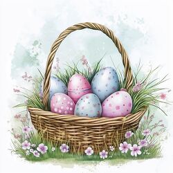 Colorful Easter Eggs in a Woven Basket on Grass