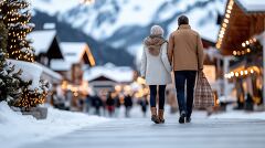 Couple Strolling Through a Winter Market in a Snowy Setting