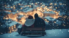 Cozy Moments on a Snowy Hilltop Above a Glowing Town