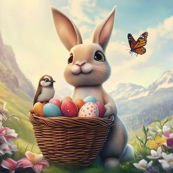 Cute Bunny Holds Colorful Easter Eggs in Bright Setting