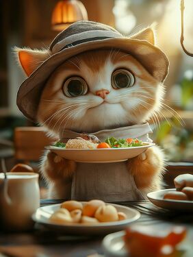 Cute Cat Holds a Plate of Food in Cozy Setting