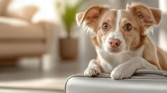 Cute Dog Relaxing on Suitcase in Bright Room