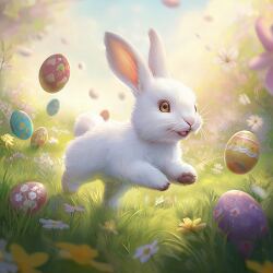 Cute White Rabbit Runs Through Colorful Flowers and Eggs