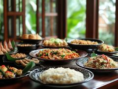 Delicious Indonesian Feast on a Beautifully Set Dining Table