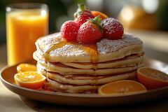 Delicious Pancakes With Strawberries and Orange Slices