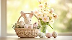 Easter Basket With Plush Bunny and Pastel Flowers on Table