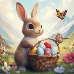 Easter Bunny With Basket and Colorful Eggs in Bright Setting