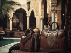 Elegant Moroccan Leather Bags in a Serene Oasis Setting