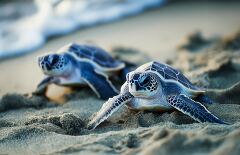 Female Sea Turtles Nesting on a Costa Rican Beach at Dusk