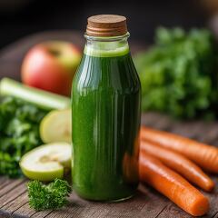 Fresh Green Juice Bottled on Wooden Table With Ingredients