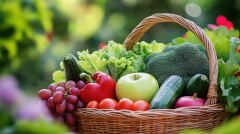 Fresh Vegetables and Fruits in a Woven Basket Display