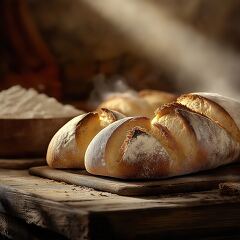 Freshly Baked Artisan Bread on Rustic Wooden Table