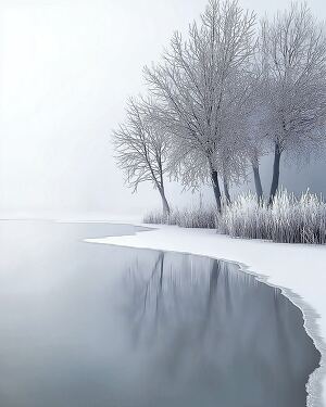 Frozen Lake With Fog and Rime Covered Trees at Dawn