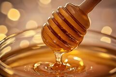 Golden Honey Flowing From a Dipper Into a Glass Jar