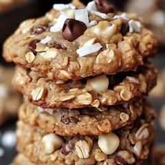 Homemade Cookies With Chocolate and Oats Stacked High