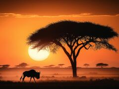 Lone Wildebeest at Sunset on the Savanna