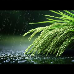 Lush Rice Plants Drenched in Gentle Rainfall