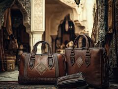 Luxury Leather Bags in a Serene Egyptian Oasis Setting