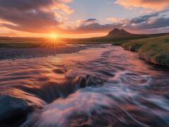 Majestic Sunset Over Icelandic Landscape With Flowing River