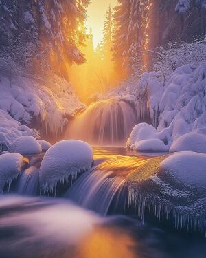 Majestic Winter Waterfall Surrounded by Misty Forest Glow