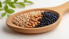 Mixed Grains Displayed in a Wooden Spoon on a Table