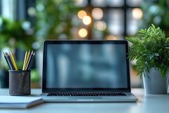 Modern Office Workspace With Laptop and Greenery