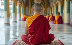 Monks Engage in Prayer at a Temple in Myanmar