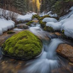 Mossy Rocks and Flowing Stream in Snowy Colorado Landscape