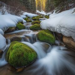 Mossy Rocks by a Snowy Stream in Colorado