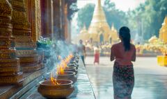 Offering Candles and Incense at Shwedagon Pagoda in Myanmar