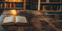 Open Book Resting on Wooden Table With Warm Light