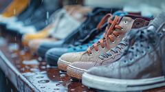 Organized Collection of Cleaned Shoes With Water Drops