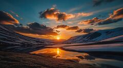 Reflection of a Vibrant Sunset Over Arctic Landscapes