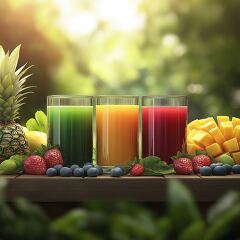 Refreshing Fruit Juices Displayed With Fresh Fruits